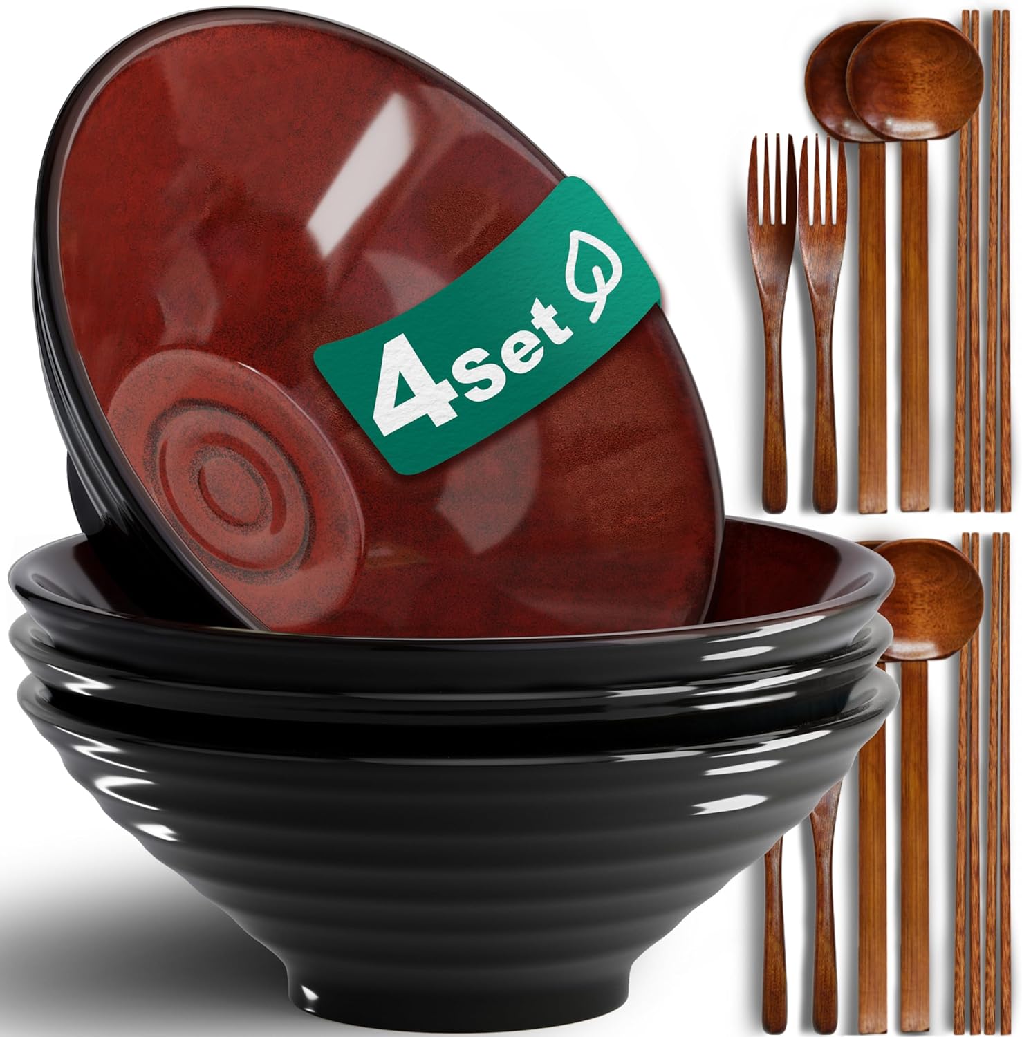 Lot de 4 bols ramen 1800 ml – céramique avec ustensiles bois marron Vendos85 - Mathon