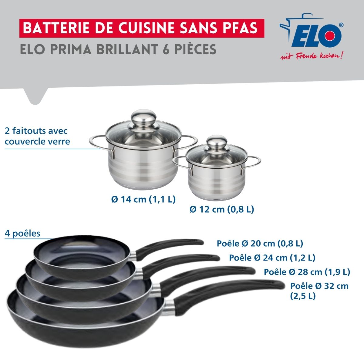 Ensemble de 4 Poêles de cuisson 20, 24, 28 et 32 cm et 2 faitouts 12 et 14 cm  Prima Brillant Elo - Mathon - 2