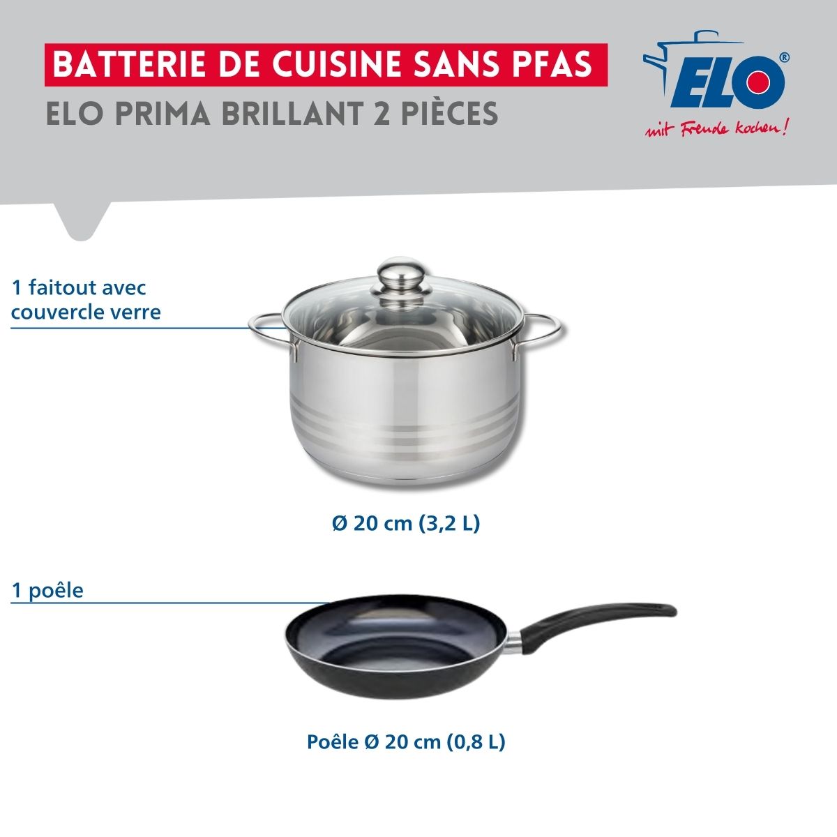 Ensemble de 1 Poêle de cuisson 20 cm et 1 faitout 20 cm  Prima Brillant Elo - Mathon - 2