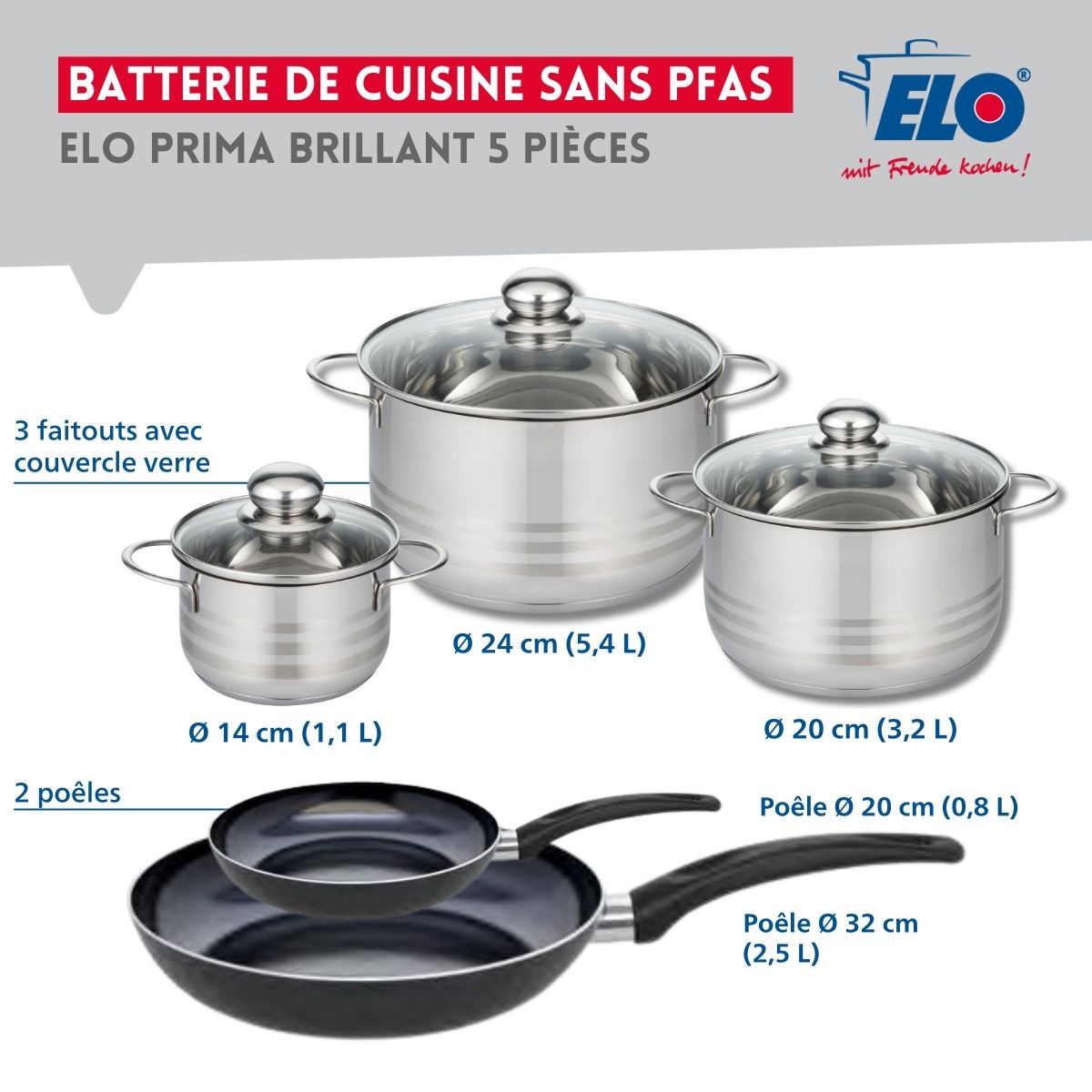Ensemble de 2 Poêles de cuisson 20 et 32 cm et 3 faitouts 14, 20 et 24 cm  Prima Brillant Elo - Mathon - 2