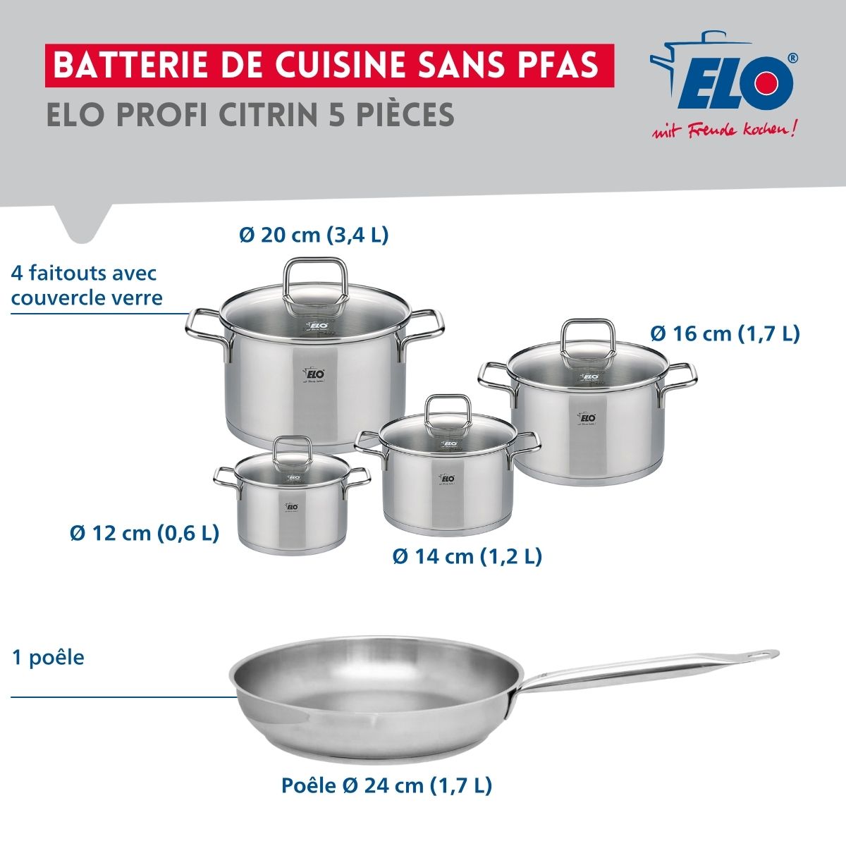 Ensemble de 1 Poêle de cuisson 24 cm et 4 faitouts 12, 14, 16 et 20 cm  Profi Citrin Elo - Mathon - 2
