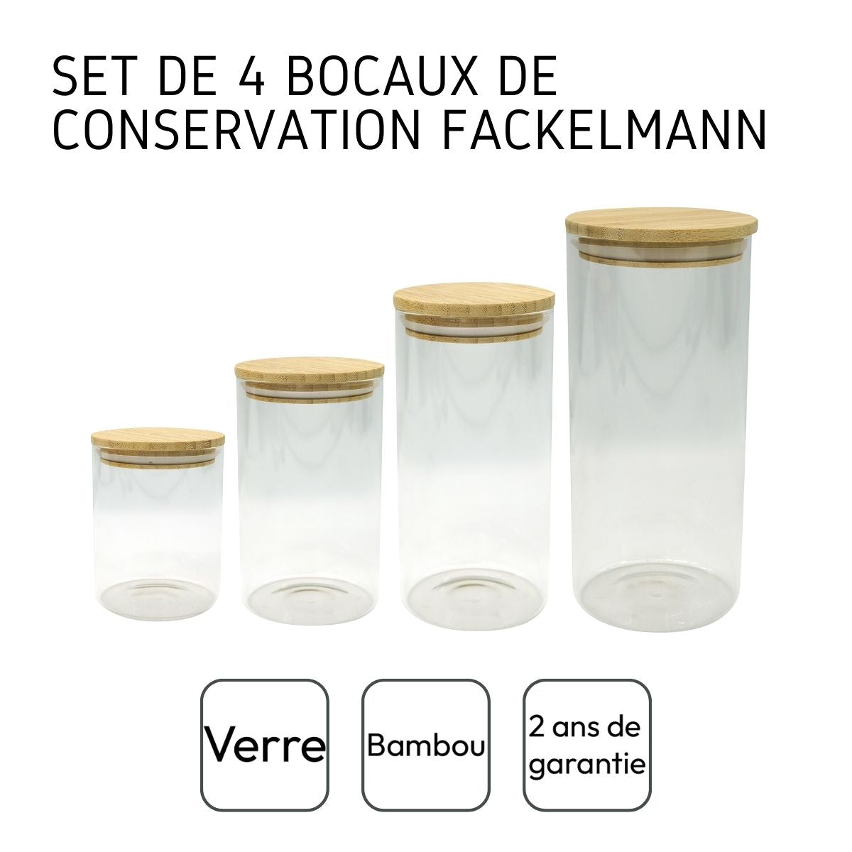 Set de 4 boîtes de conservation en verre avec couvercle en Bambou  Nature Fackelmann - Mathon - 4