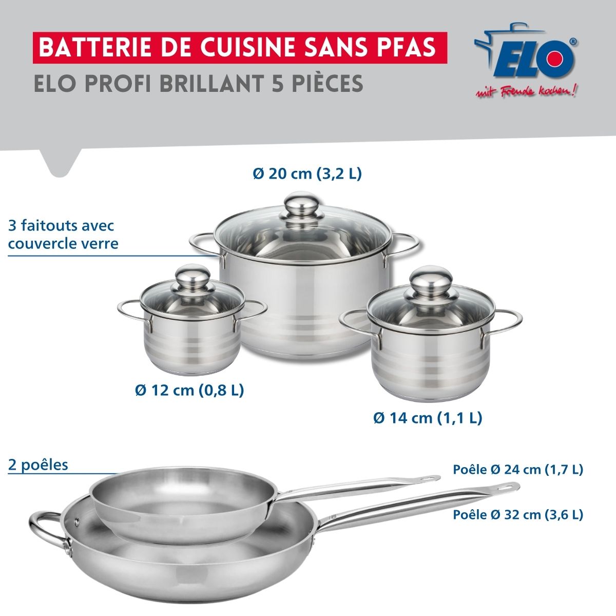 Ensemble de 2 Poêles de cuisson 24 et 32 cm et 3 faitouts 12, 14 et 20 cm  Profi Brillant Elo - Mathon - 2