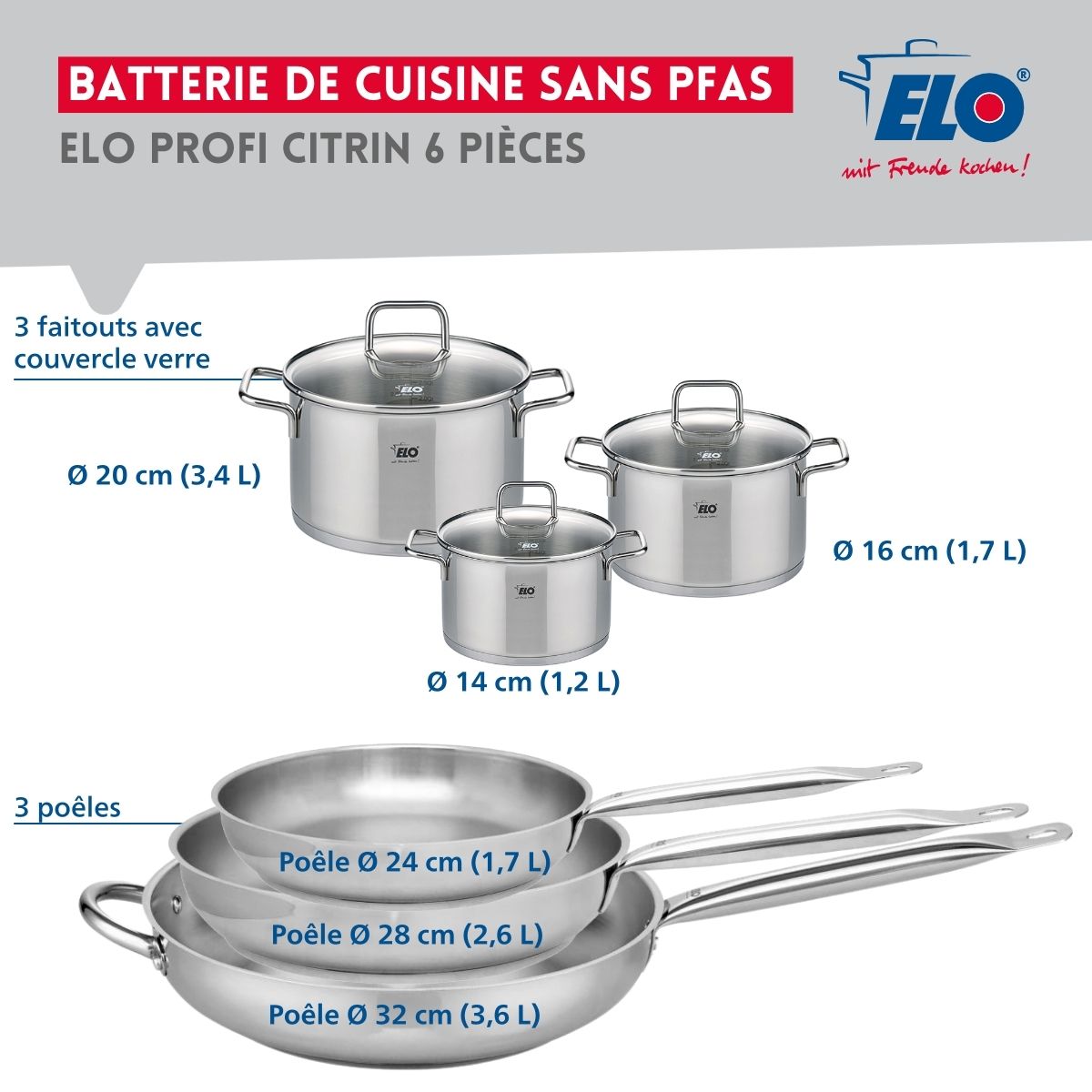 Ensemble de 3 Poêles de cuisson 24, 28 et 32 cm et 3 faitouts 14, 16 et 20 cm  Profi Citrin Elo - Mathon - 2