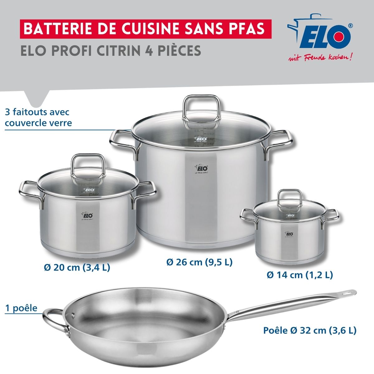 Set de 1 Poêle de cuisson 32 cm et 3 faitouts 14, 20 et 26 cm  Profi Citrin Elo - Mathon - 2
