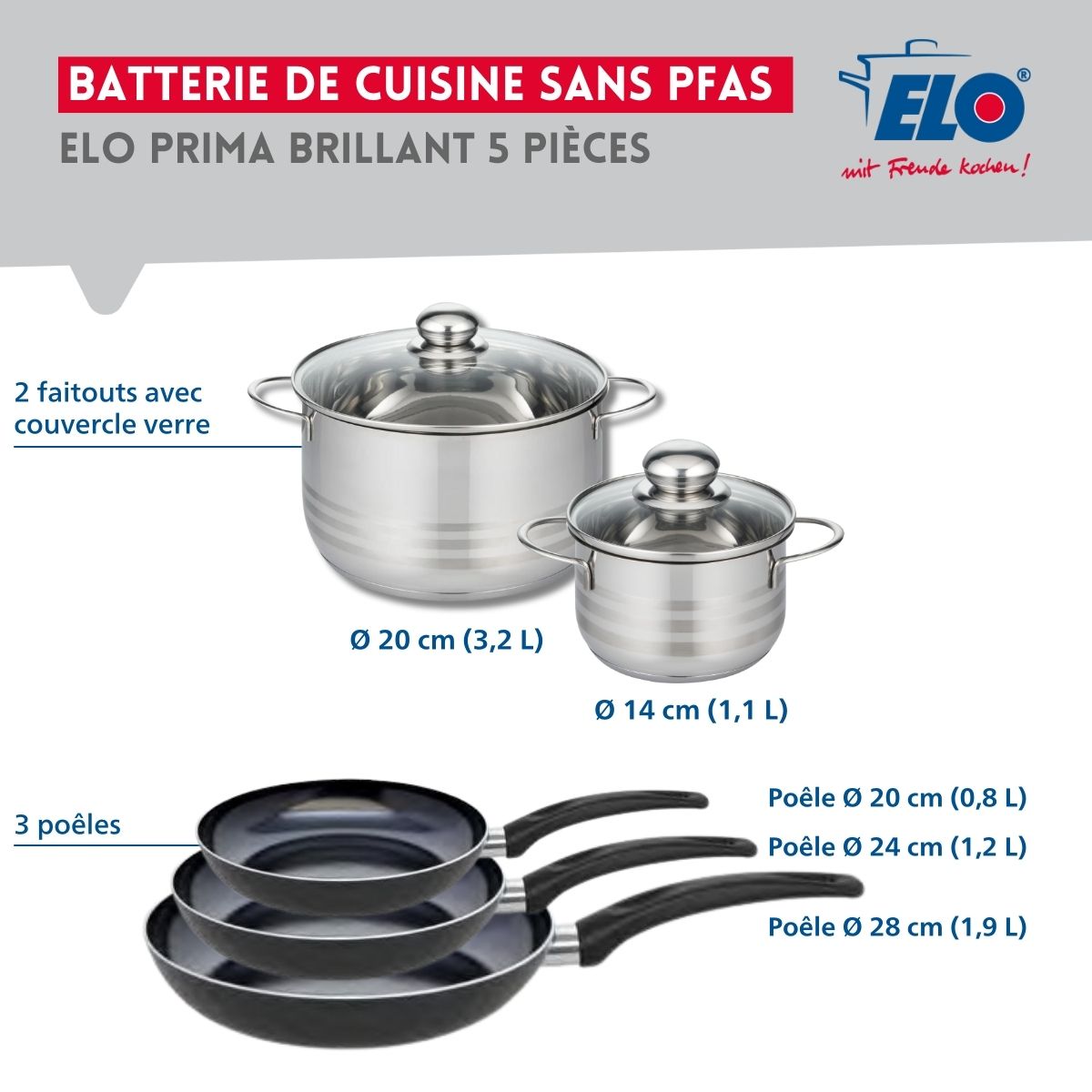 Ensemble de 3 Poêles de cuisson 20, 24 et 28 cm et 2 faitouts 14 et 20 cm  Prima Brillant Elo - Mathon - 2