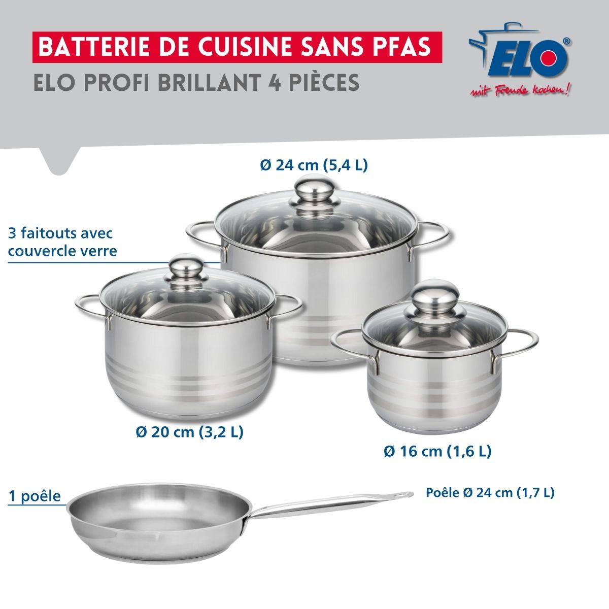 Ensemble de 1 Poêle de cuisson 24 cm et 3 faitouts 16, 20 et 24 cm  Profi Brillant Elo - Mathon - 2