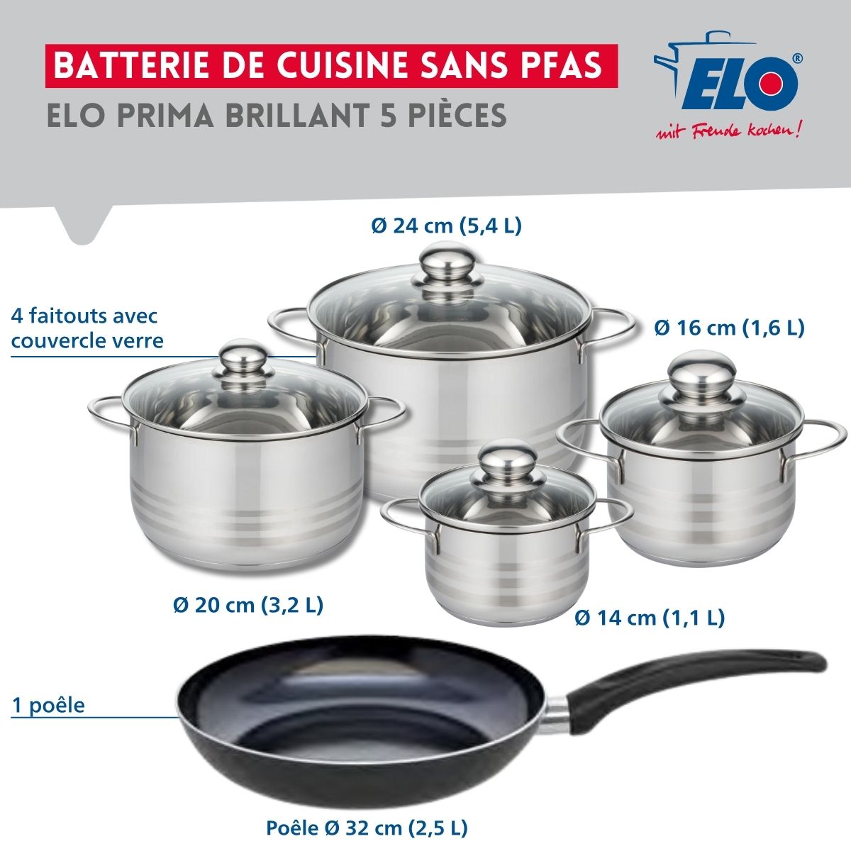 Ensemble de 1 Poêle de cuisson 32 cm et 4 faitouts 14, 16, 20 et 24 cm  Prima Brillant Elo - Mathon - 2