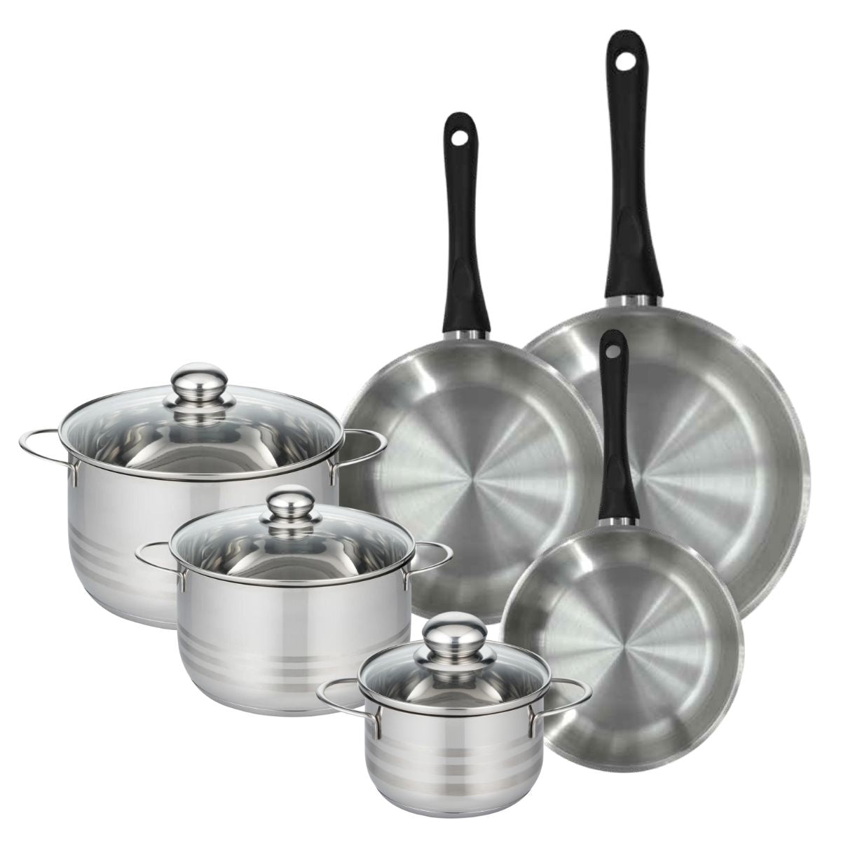 Set de 3 poêles 20, 24 et 28 cm en inox et 3 faitouts inox 16, 20 et 24 cm  Geneva Fackelmann - Mathon - 1