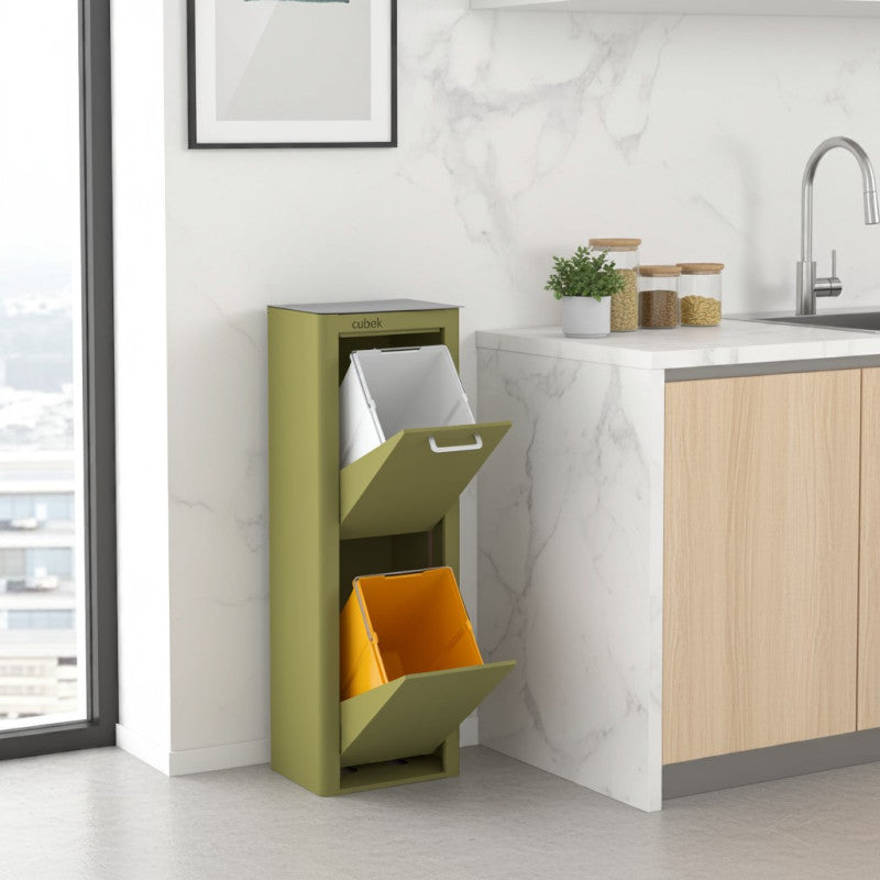 Poubelle cuisine de tri sélectif CUBEK, 2 compartiments de 20 litres, Vert olive Don Hierro - Mathon - 2