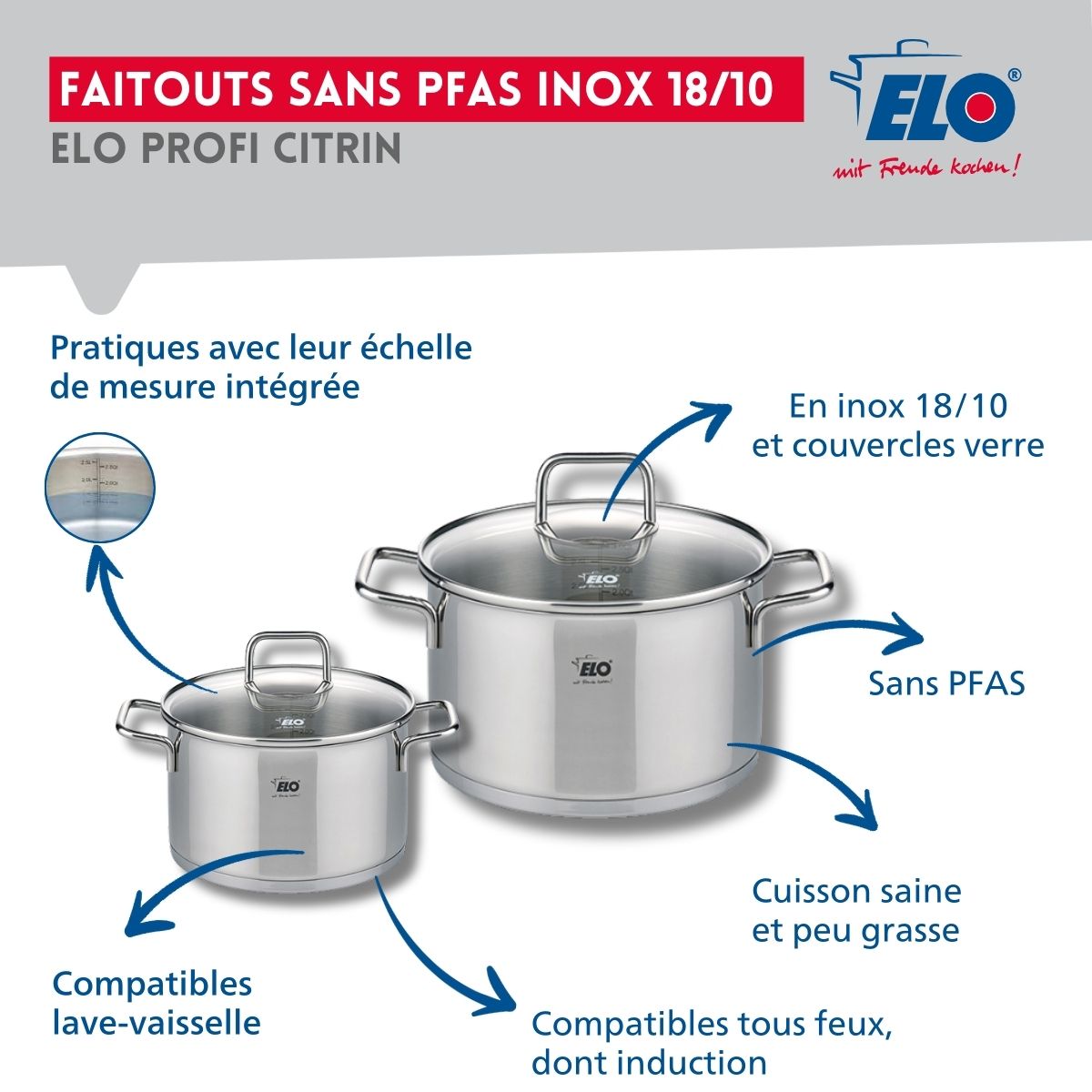 Ensemble de 1 Poêle de cuisson 24 cm et 2 faitouts 12 et 16 cm  Profi Citrin Elo - Mathon - 3