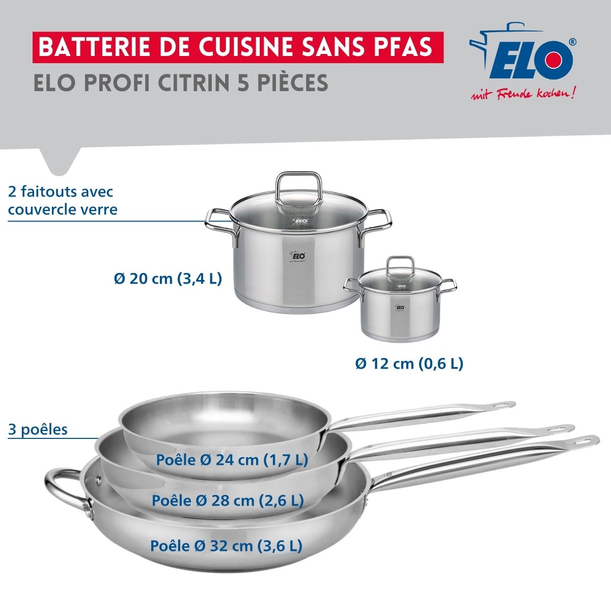 Ensemble de 3 Poêles de cuisson 24, 28 et 32 cm et 2 faitouts 12 et 20 cm  Profi Citrin Elo - Mathon - 2
