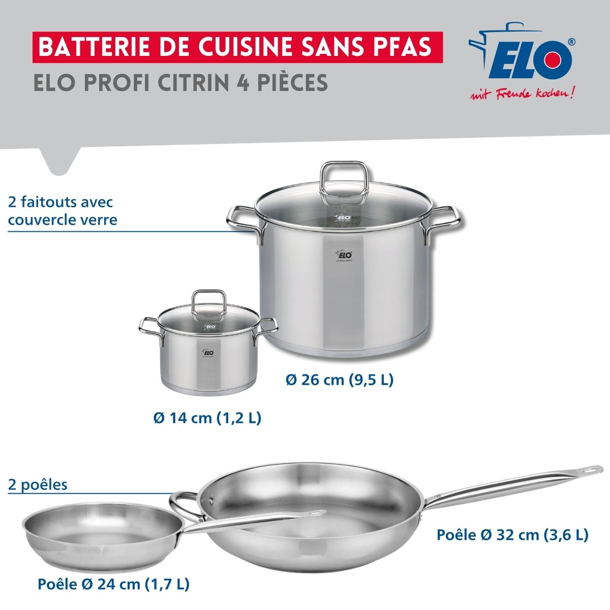 Ensemble de 2 Poêles de cuisson 24 et 32 cm et 2 faitouts 14 et 26 cm  Profi Citrin Elo - Mathon - 2