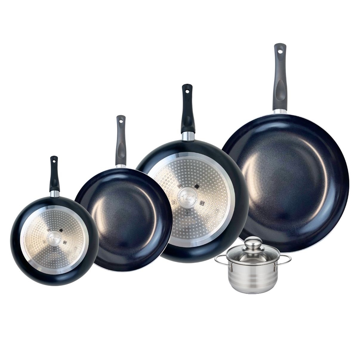 Ensemble de 4 Poêles de cuisson 20, 24, 28 et 32 cm et 1 faitout 12 cm  Prima Brillant Elo - Mathon - 1