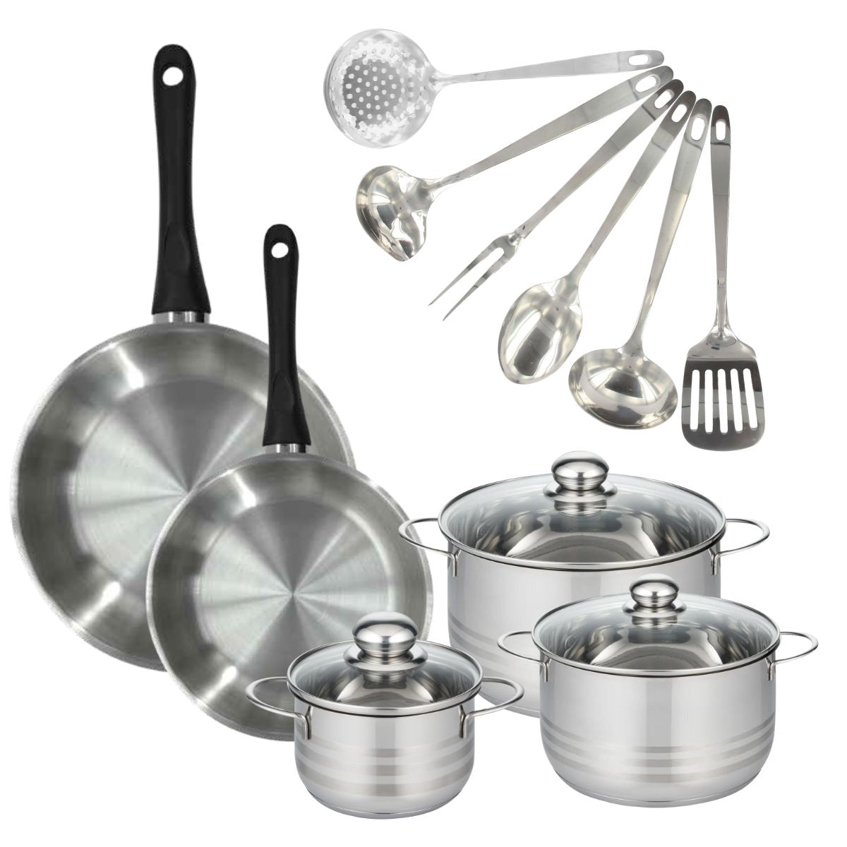 Set 2 poêles 24 28 cm, 3 faitouts 16, 20 et 24 cm en inox et 6 ustensiles inox  Geneva Fackelmann - Mathon - 1