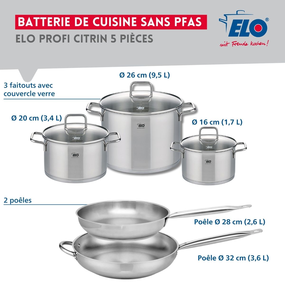 Ensemble de 2 Poêles de cuisson 28 et 32 cm et 3 faitouts 16, 20 et 26 cm  Profi Citrin Elo - Mathon - 2