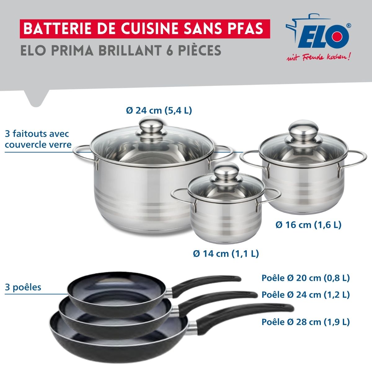Ensemble de 3 Poêles de cuisson 20, 24 et 28 cm et 3 faitouts 14, 16 et 24 cm  Prima Brillant Elo - Mathon - 2