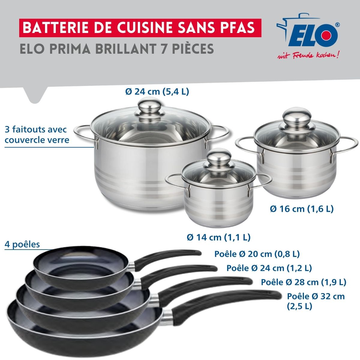 Ensemble de 4 Poêles de cuisson 20, 24, 28 et 32 cm et 3 faitouts 14, 16 et 24 cm  Prima Brillant Elo - Mathon - 2