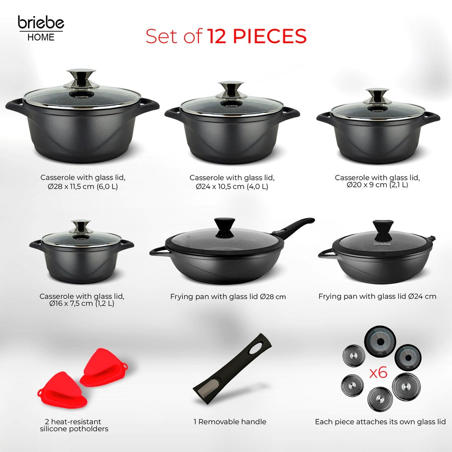 Batterie de Cuisine Induction 12 Pièces Aluminium Fonte 4 Casseroles 2 Poêles  Noir MGK1219 - Mathon - 3