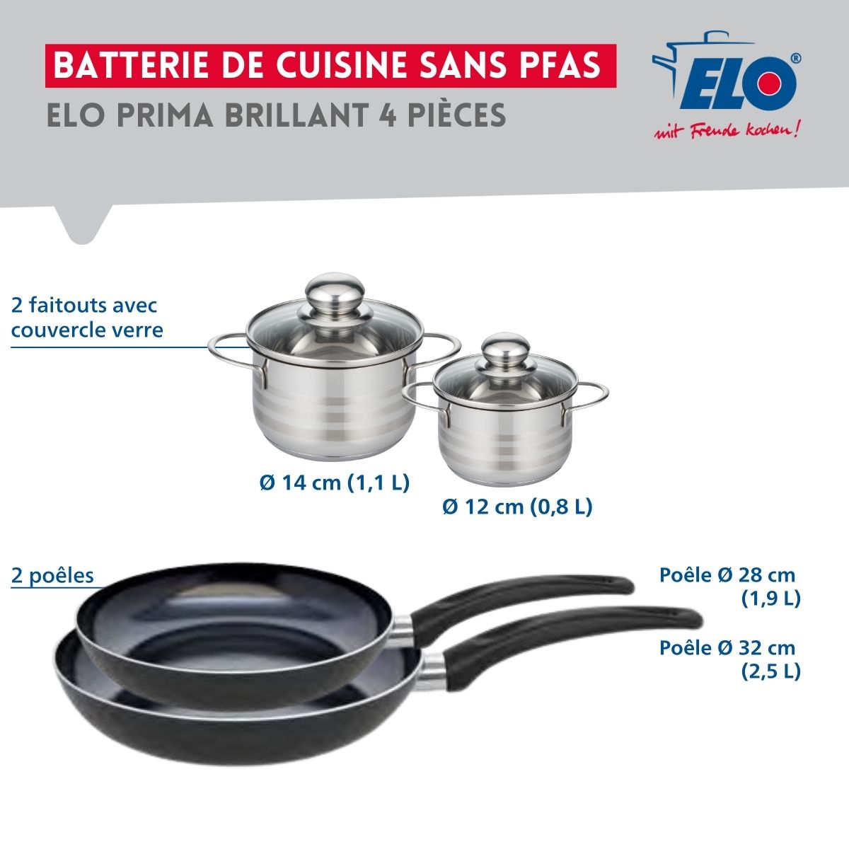 Ensemble de 2 Poêles de cuisson 28 et 32 cm et 2 faitouts 12 et 14 cm  Prima Brillant Elo - Mathon - 2