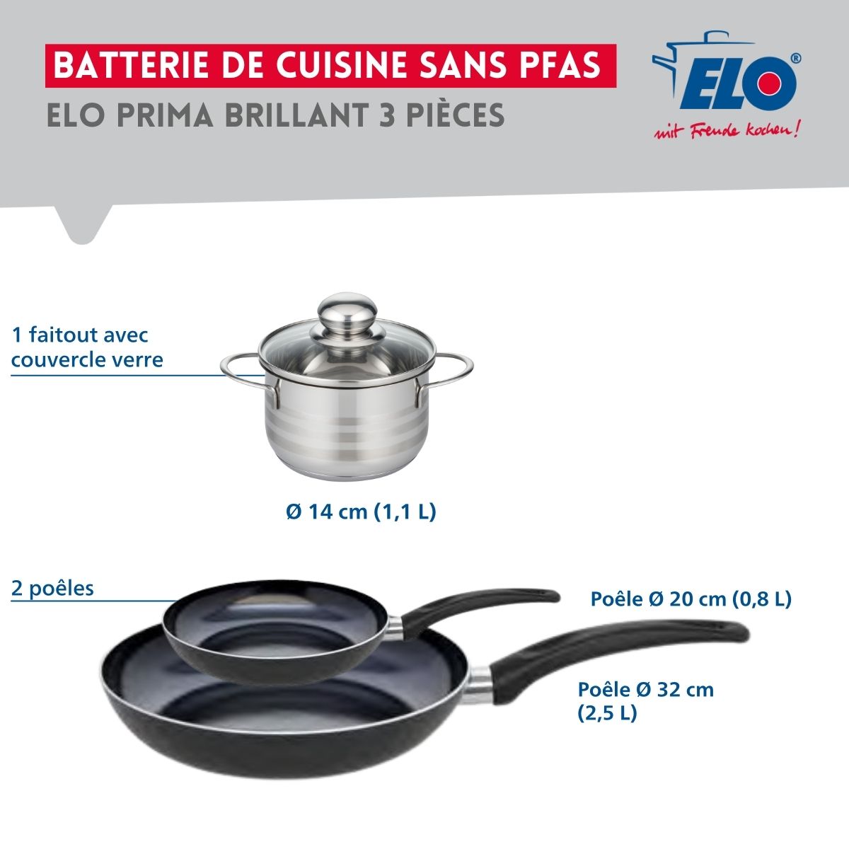 Ensemble de 2 Poêles de cuisson 20 et 32 cm et 1 faitout 14 cm  Prima Brillant Elo - Mathon - 2