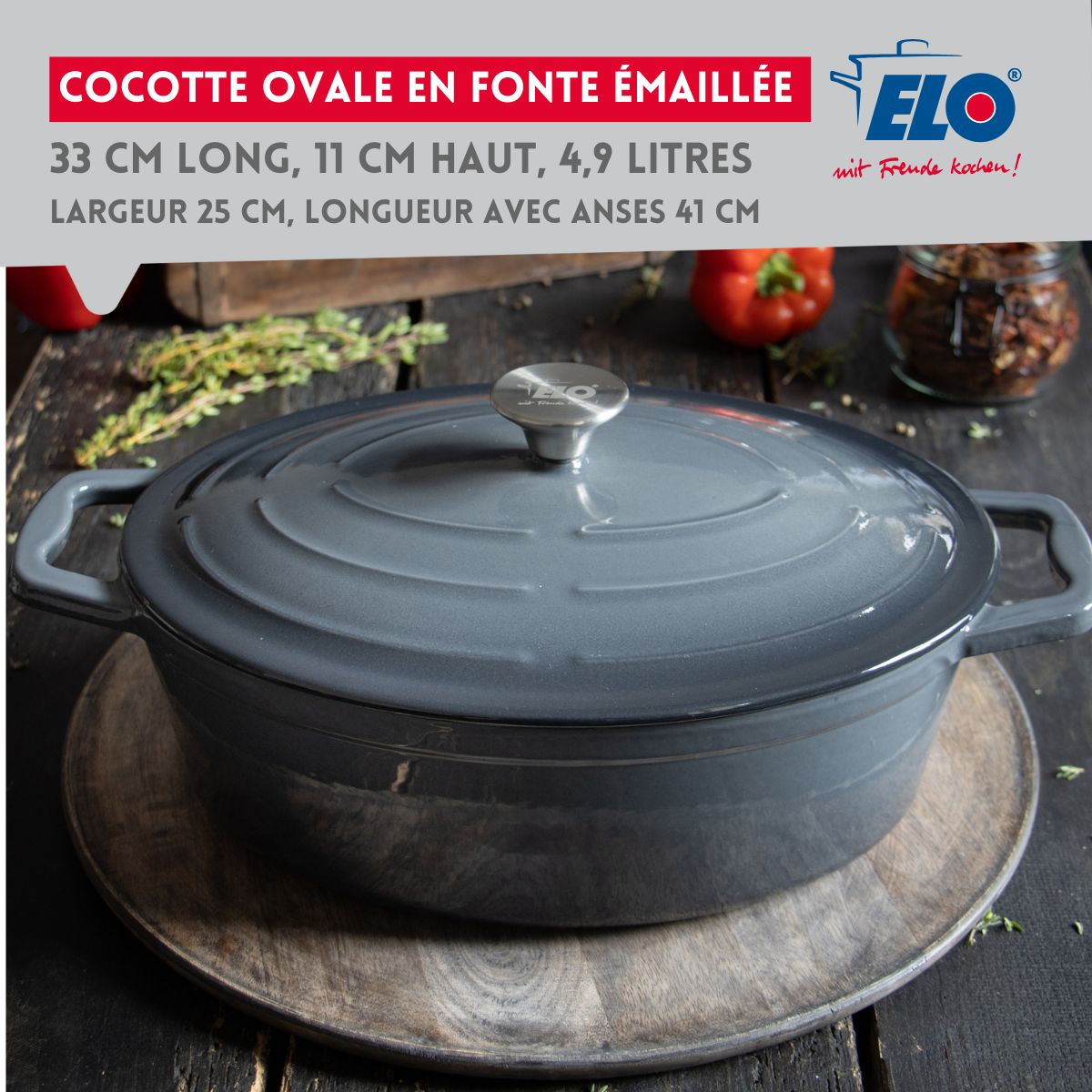 Cocotte ovale en fonte émaillée 33 cm gris classique 5 L Elo - Mathon - 2