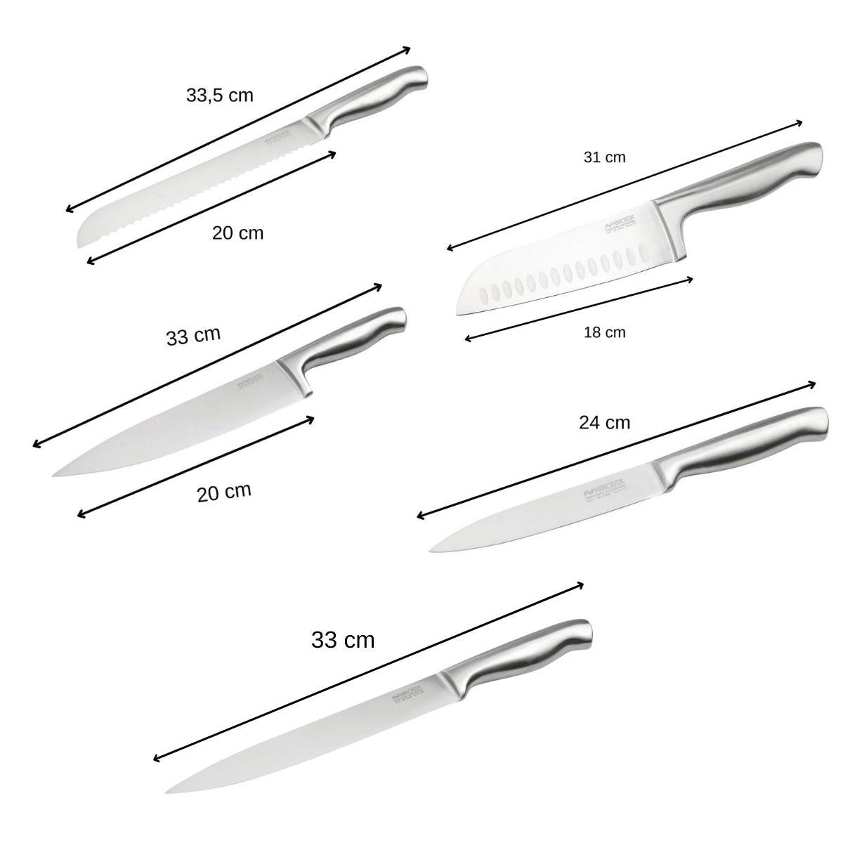 Ensemble de 5 couteaux de cuisine professionnels en inox de 24 à 33,5 cm  Star Nirosta - Mathon - 3