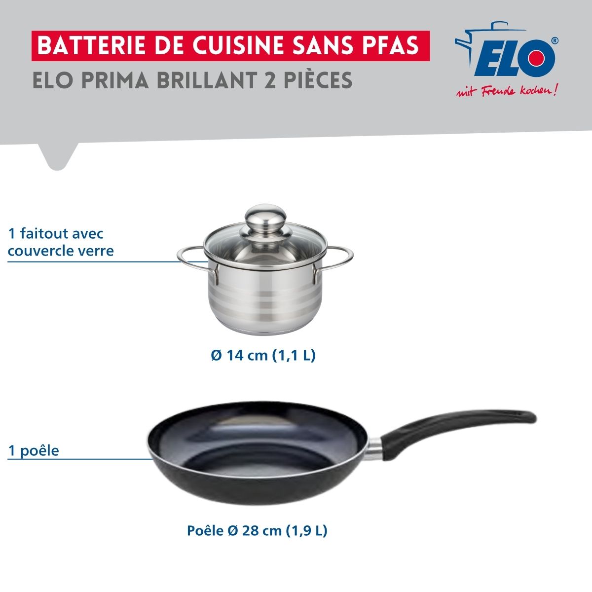 Ensemble de 1 Poêle de cuisson 28 cm et 1 faitout 14 cm  Prima Brillant Elo - Mathon - 2