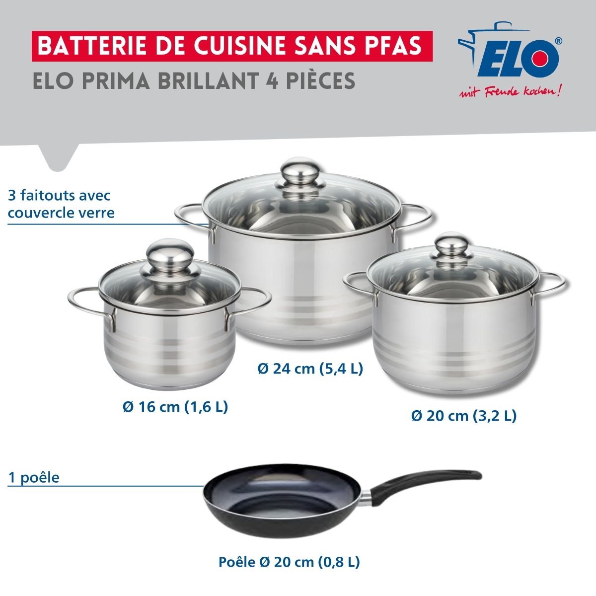 Ensemble de 1 Poêle de cuisson 20 cm et 3 faitouts 16, 20 et 24 cm  Prima Brillant Elo - Mathon - 2
