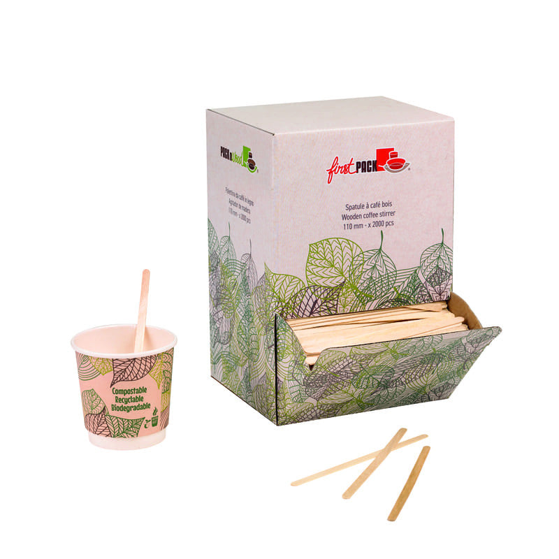 2000Pcs - Spatule à café bois à bouts arrondis en boite distributrice  5 H110mm FirstPack - Mathon - 1