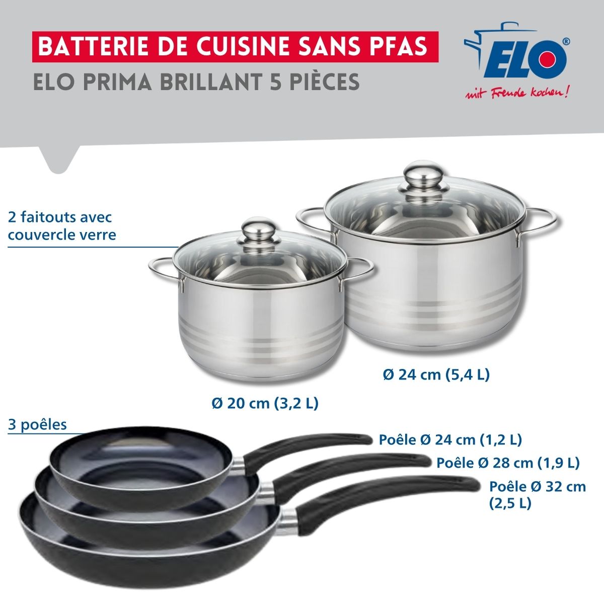 Ensemble de 3 Poêles de cuisson 24, 28 et 32 cm et 2 faitouts 20 et 24 cm  Prima Brillant Elo - Mathon - 2