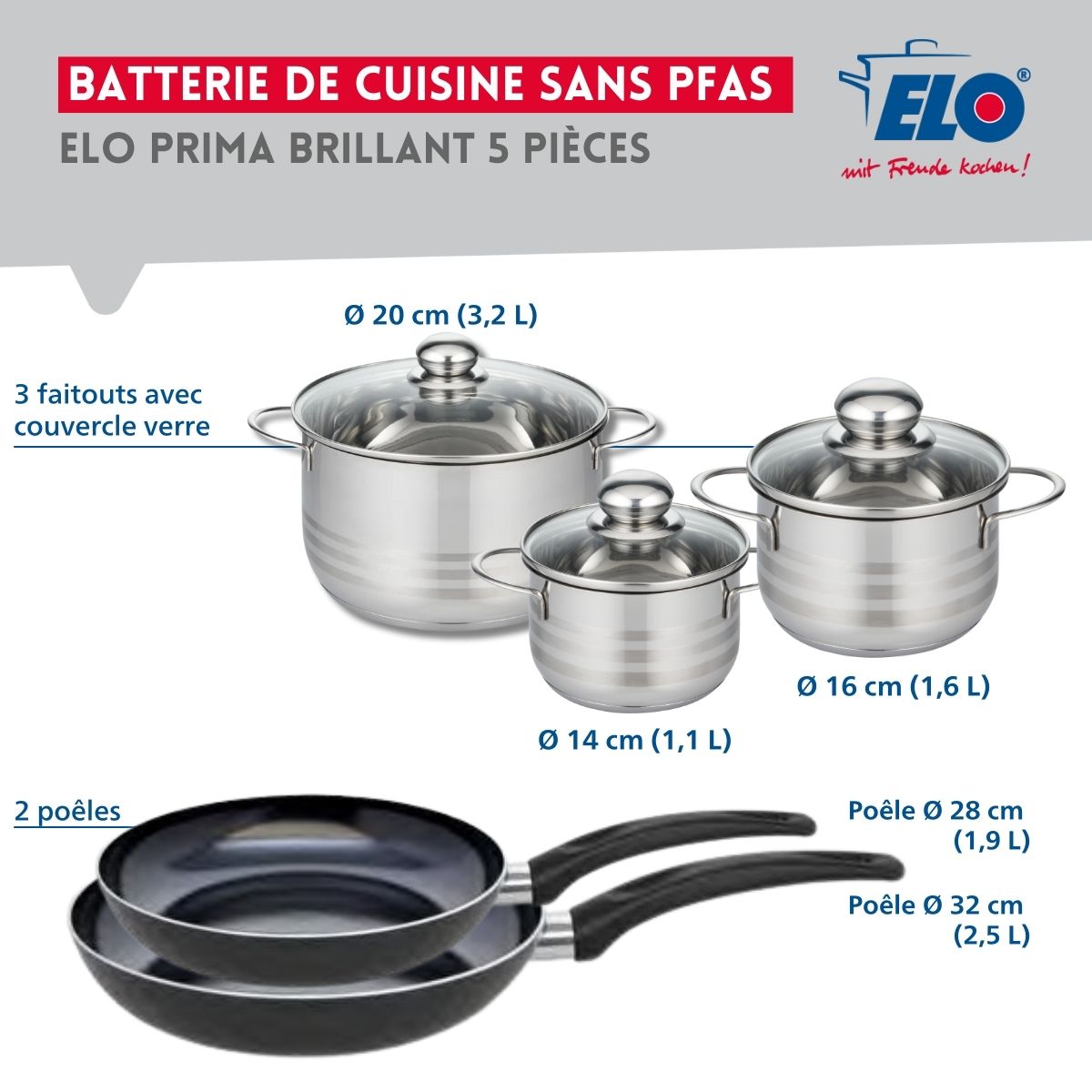 Ensemble de 2 Poêles de cuisson 28 et 32 cm et 3 faitouts 14, 16 et 20 cm  Prima Brillant Elo - Mathon - 2