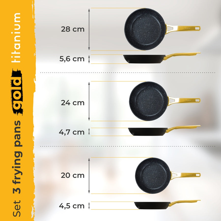 Set 3 Poêles à Frire Antiadhésives à Induction 20-24-28cm, Aluminium Forgé  Noir Gold Titanium - Mathon - 6