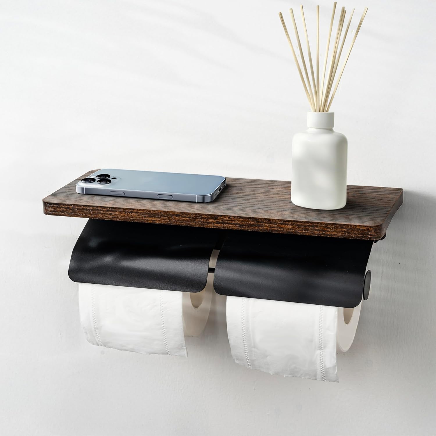 Porte-papier toilette mural noir avec étagère Vendos85 - Mathon