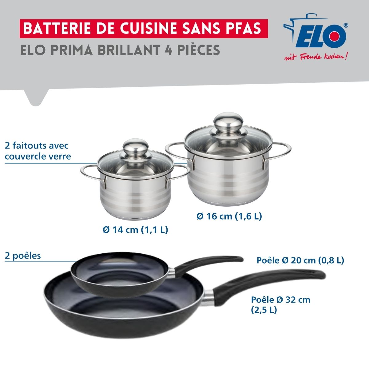 Ensemble de 2 Poêles de cuisson 20 et 32 cm et 2 faitouts 14 et 16 cm  Prima Brillant Elo - Mathon - 2