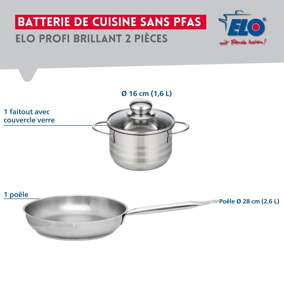 Ensemble de 1 Poêle de cuisson 28 cm et 1 faitout 16 cm  Profi Brillant Elo - Mathon - 2