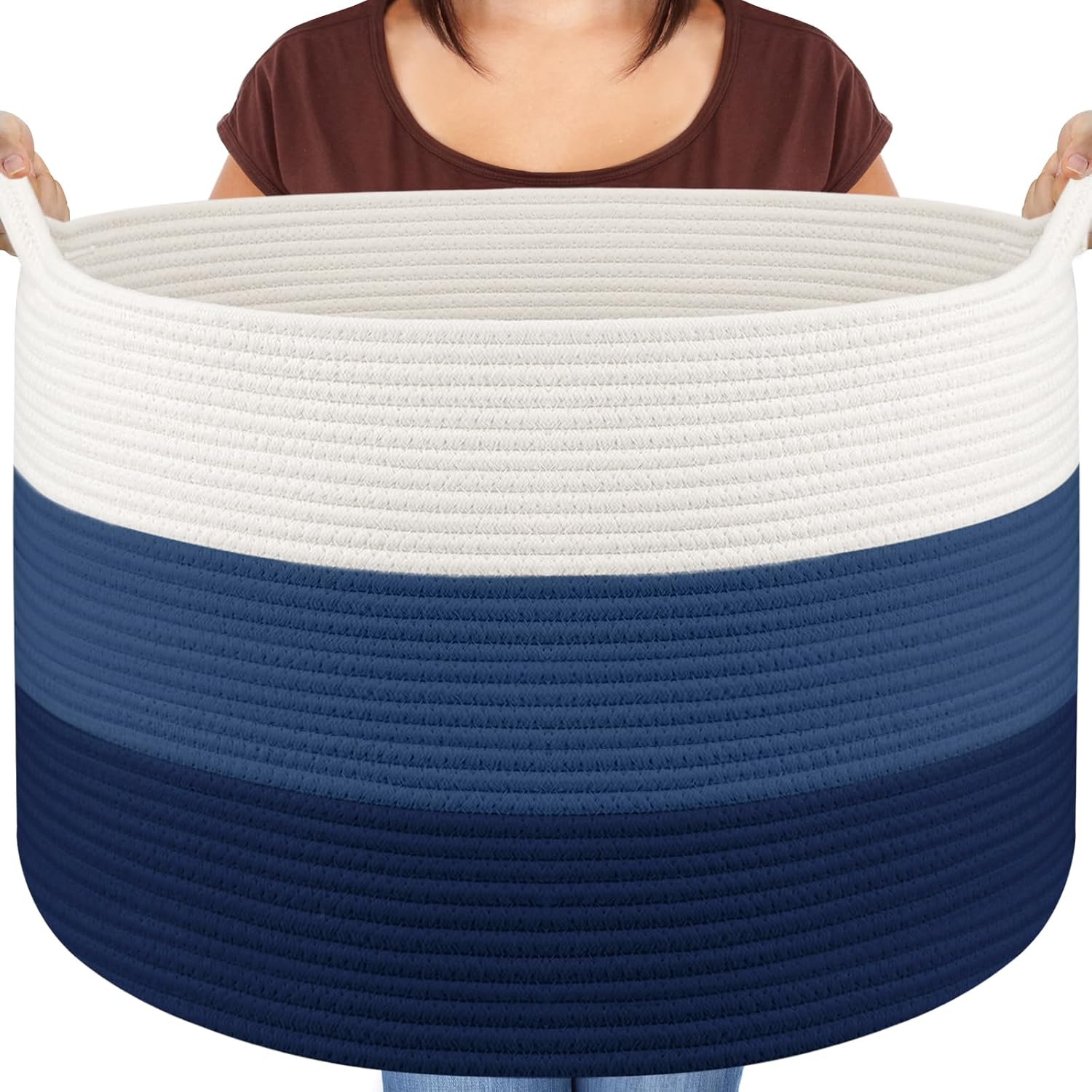 Panier à linge XXXL en coton Blanc/Bleu pliable Vendos85 - Mathon