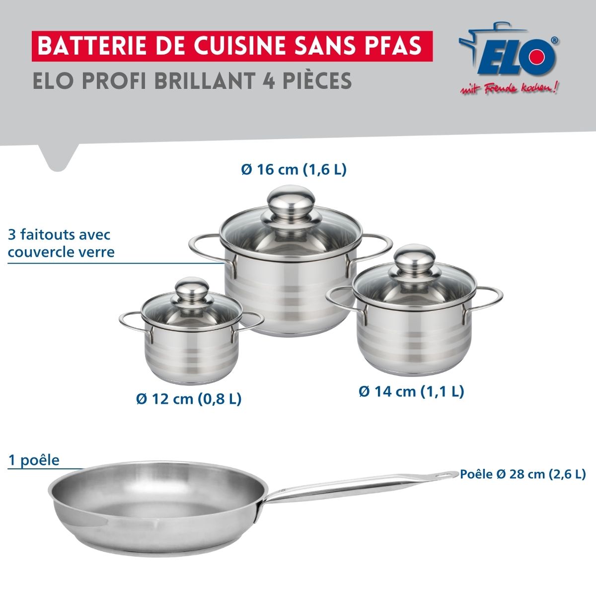 Ensemble de 1 Poêle de cuisson 28 cm et 3 faitouts 12, 14 et 16 cm  Profi Brillant Elo - Mathon - 2