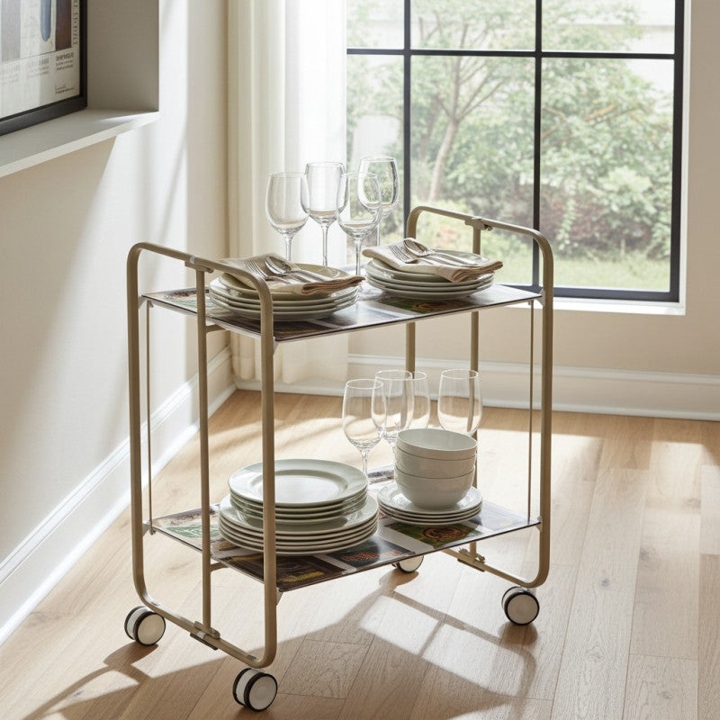 Desserte pliante 2 niveaux avec roulettes – structure couleur sable, bauhaus Don Hierro - Mathon - 3