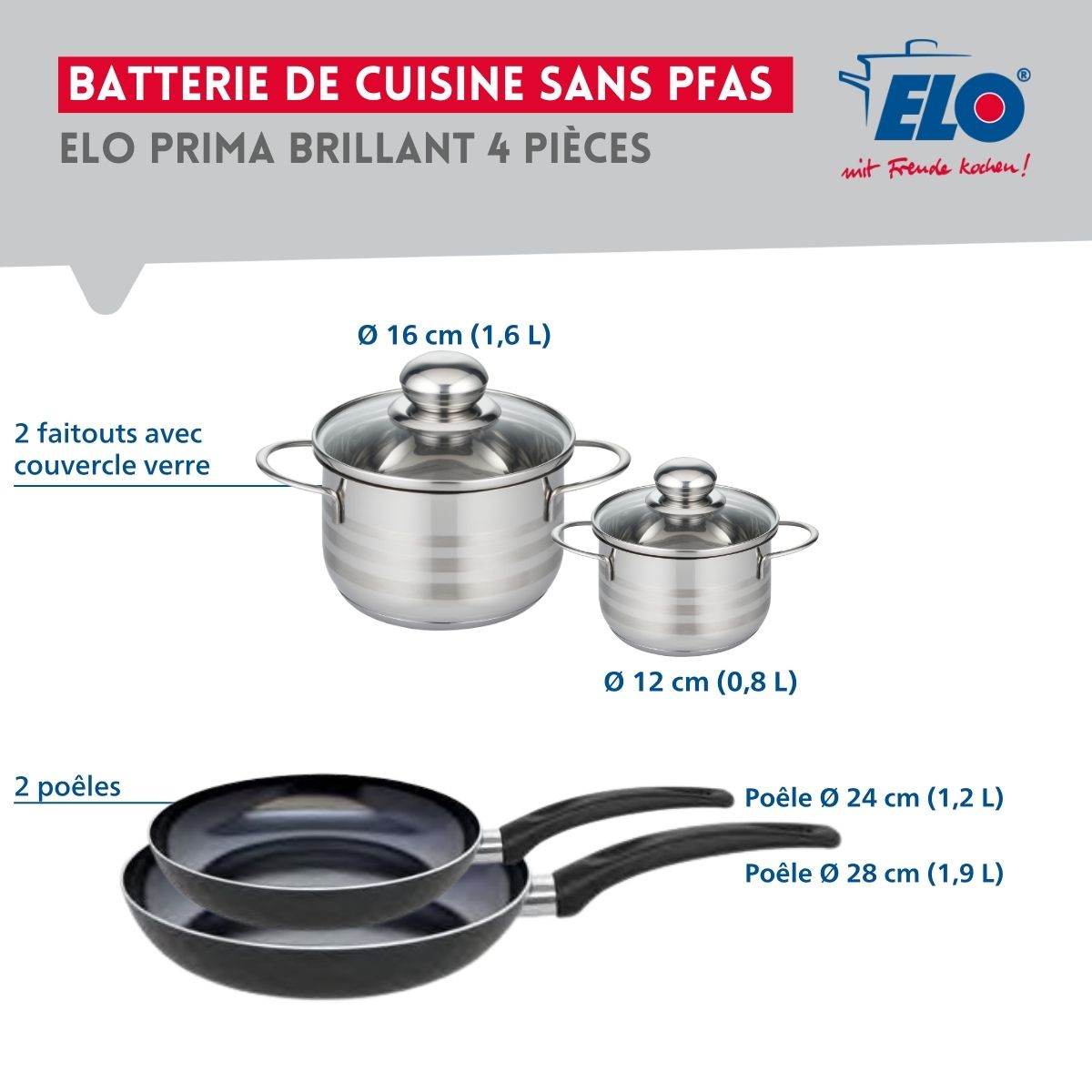 Ensemble de 2 Poêles de cuisson 24 et 28 cm et 2 faitouts 12 et 16 cm  Prima Brillant Elo - Mathon - 2