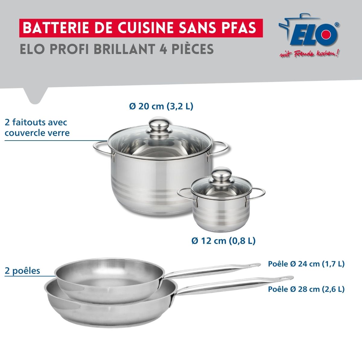 Ensemble de 2 Poêles de cuisson 24 et 28 cm et 2 faitouts 12 et 20 cm  Profi Brillant Elo - Mathon - 2