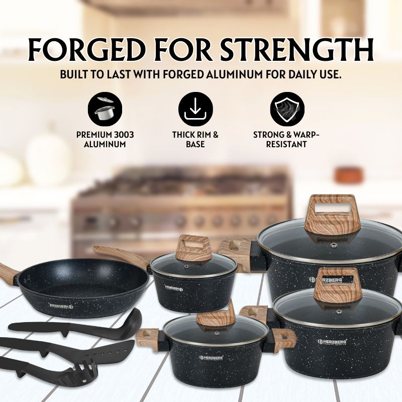 Batterie de cuisine 15 pièces avec revêtement en granit et manche en bois Noir Herzberg HGWDMRB15-BLK Herzberg - Mathon - 6