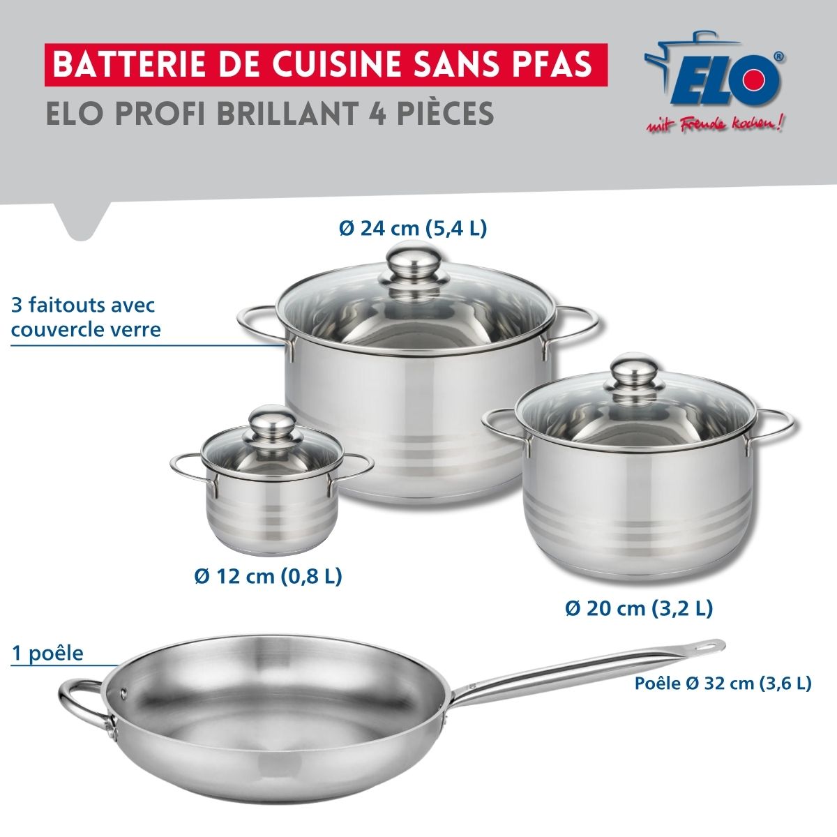 Ensemble de 1 Poêle de cuisson 32 cm et 3 faitouts 12, 20 et 24 cm  Profi Brillant Elo - Mathon - 2