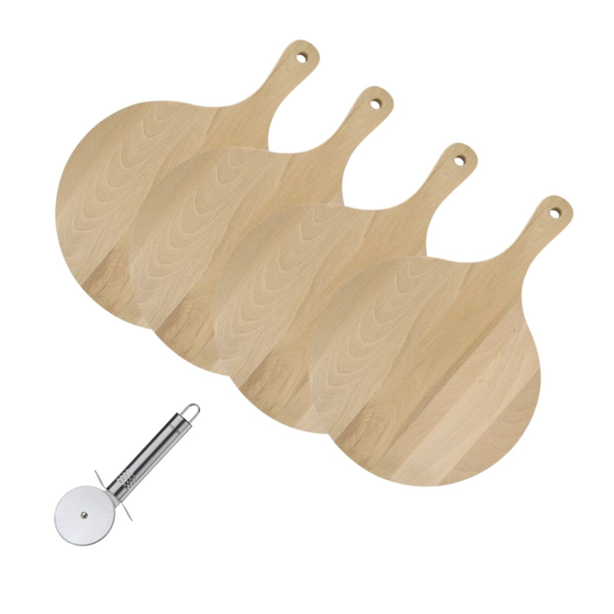 4 Planches à pizza et tarte flambée en bois 30 cm et Roulette à pizza en inox Fackelmann - Mathon - 1