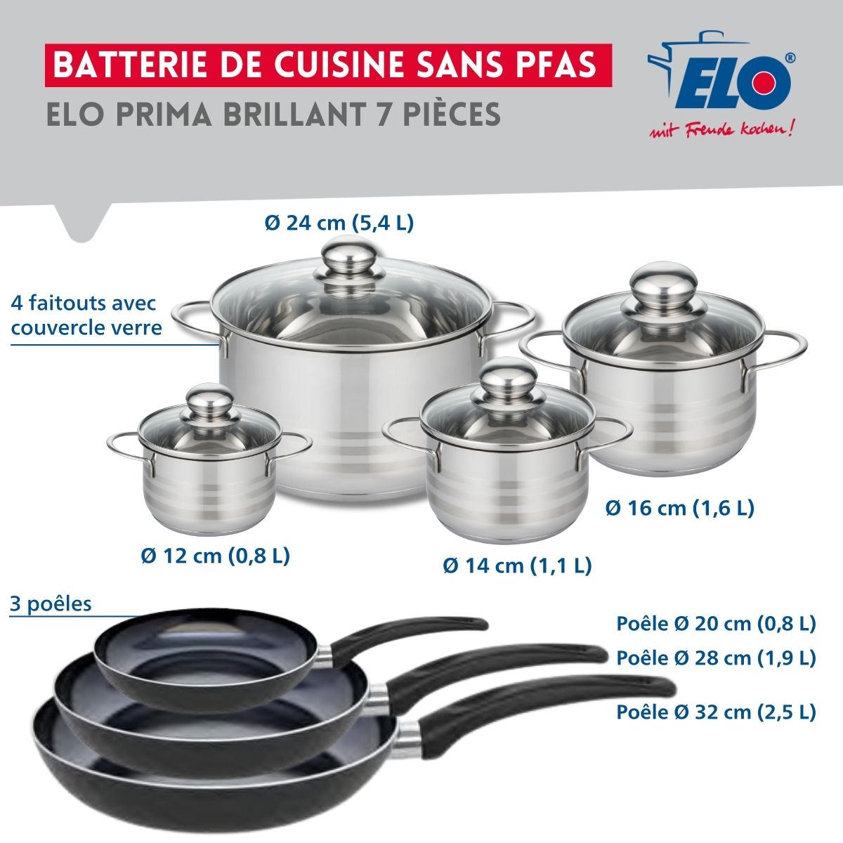 Ensemble de 3 Poêles de cuisson 20, 28 et 32 cm et 4 faitouts 12, 14, 16 et 24 cm  Prima Brillant Elo - Mathon - 2