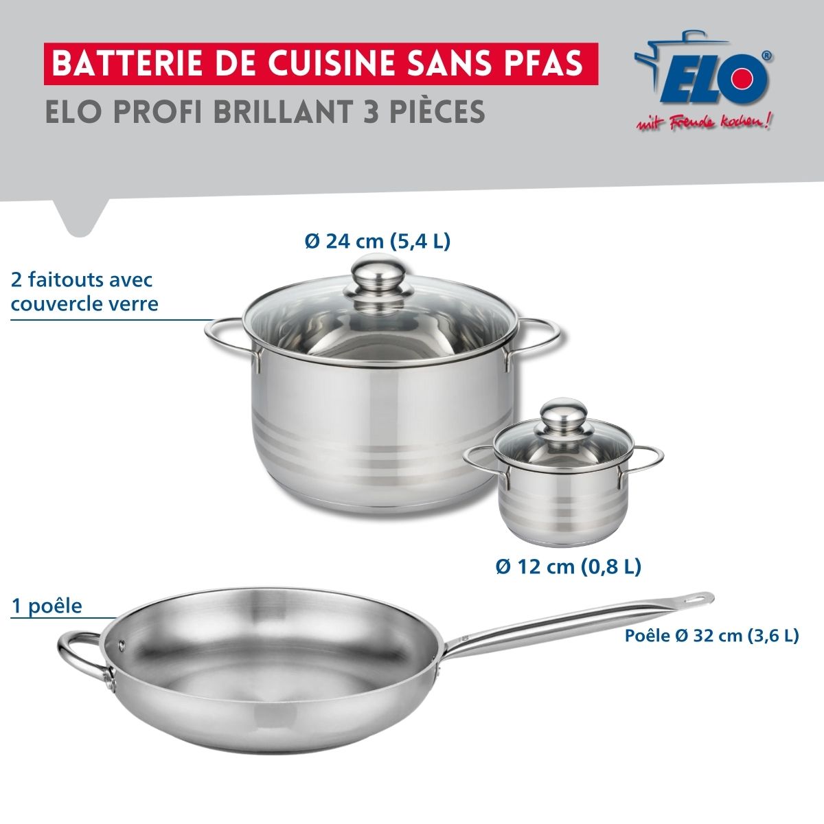 Ensemble de 1 Poêle de cuisson 32 cm et 2 faitouts 12 et 24 cm  Profi Brillant Elo - Mathon - 2