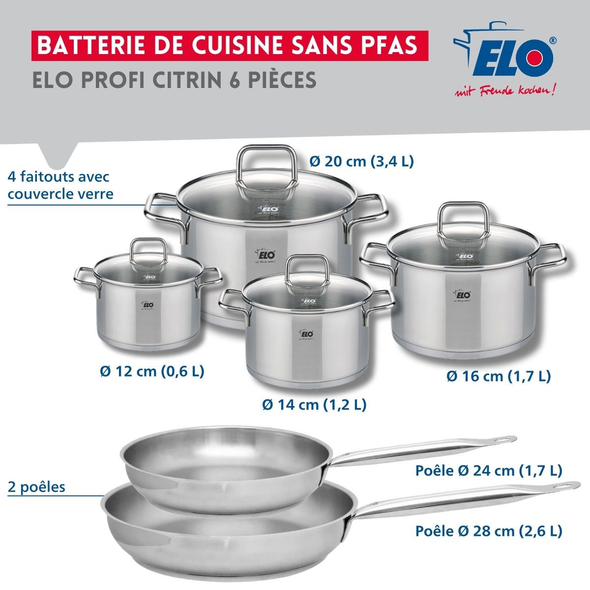 Ensemble de 2 Poêles de cuisson 24 et 28 cm et 4 faitouts 12, 14, 16 et 20 cm  Profi Citrin Elo - Mathon - 2