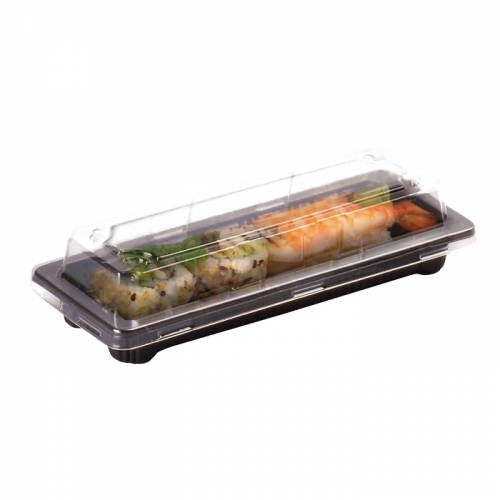 50Pcs - Barquette sushi plastique PS noir avec couvercle PET transparent Suky  165x90x40mm FirstPack - Mathon
