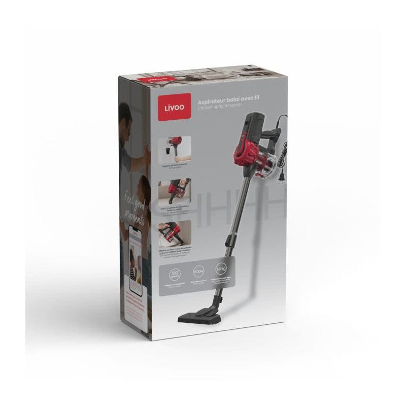 Aspirateur Balai Avec Fil - Livoo - Doh142 - 600 W - 12 Kpa - 82 Db - Cyclonique - 0,55 L - Rouge Livoo - Mathon - 3