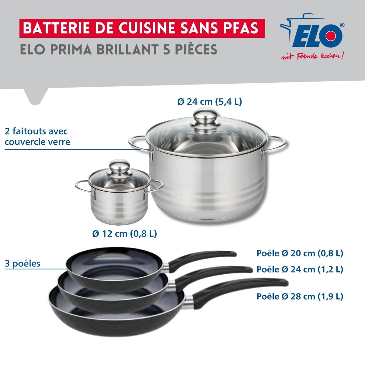 Ensemble de 3 Poêles de cuisson 20, 24 et 28 cm et 2 faitouts 12 et 24 cm  Prima Brillant Elo - Mathon - 2